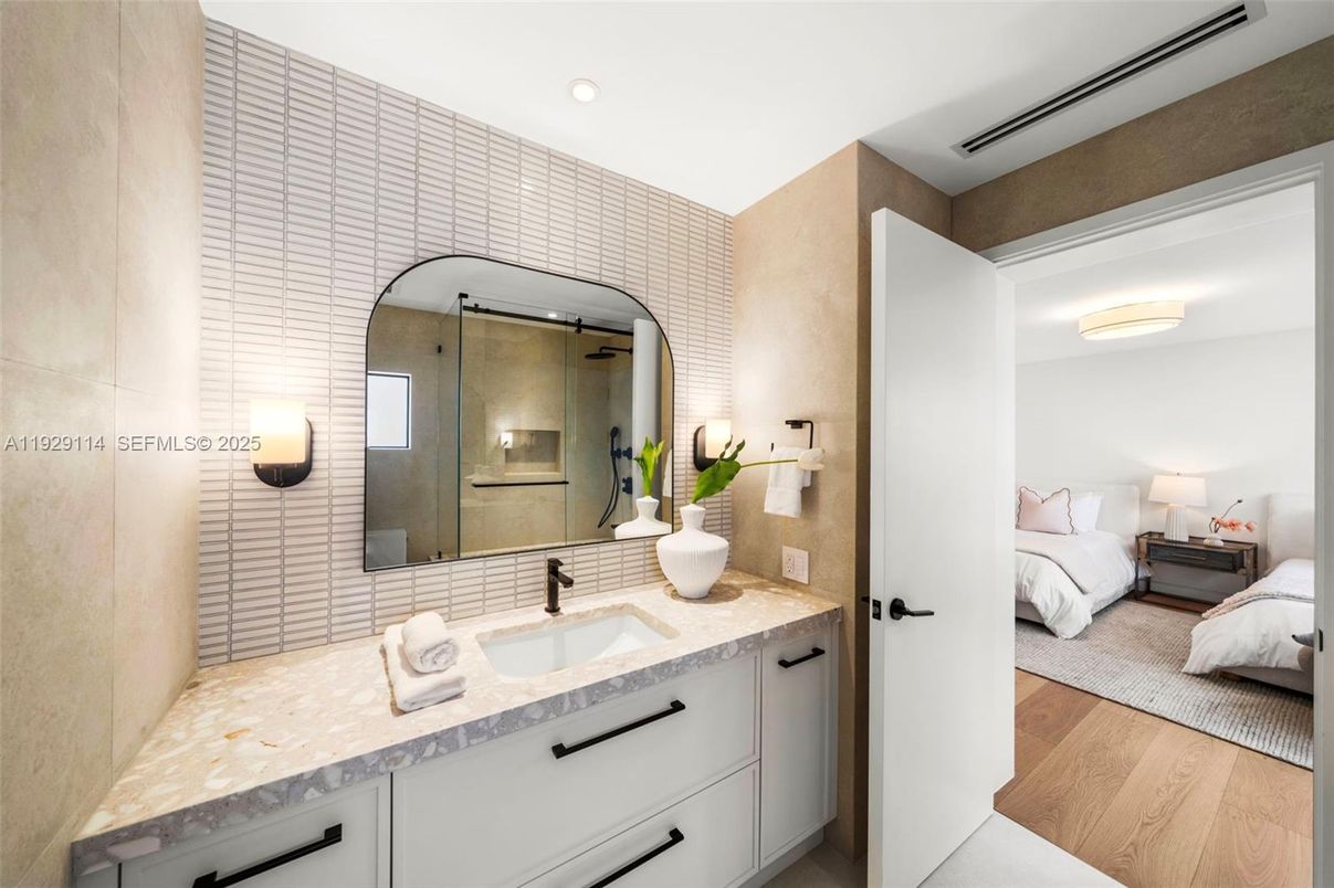 Bathroom, Bedroom, Glass Shower, Interior, Recessed Lighting, Wood Texture Flooring