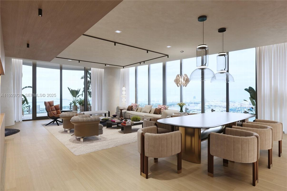 Dining room, Interior, Living room, Pendant Lights, Recessed Lighting, Water, Wood Texture Flooring