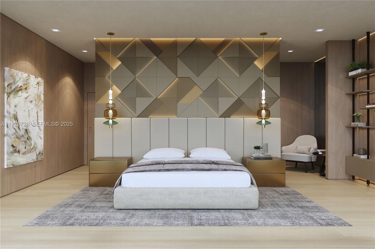 Bedroom, Interior, Recessed Lighting, Wood Texture Flooring, Wooden Walls