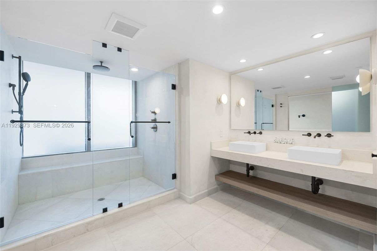 Bathroom, Dual Sink Vanities, Glass Shower, Interior, Recessed Lighting