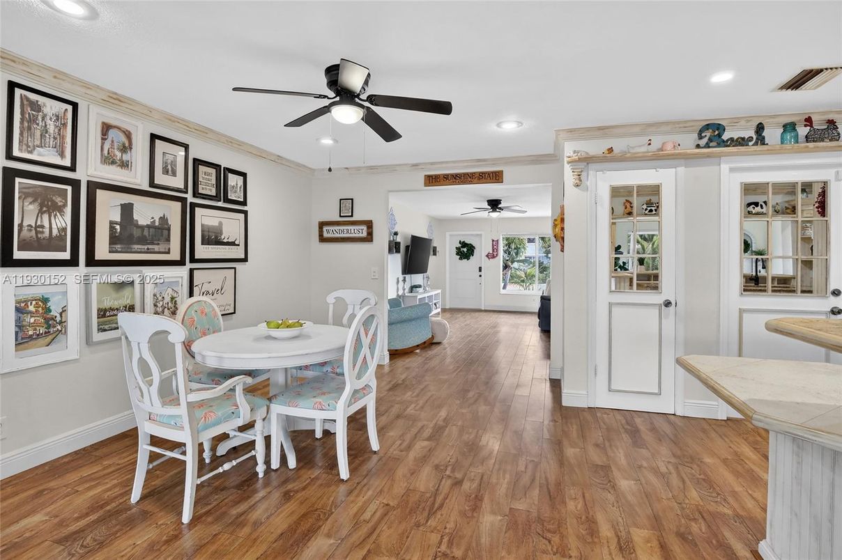 Dining room, Interior, Recessed Lighting, Wood Texture Flooring