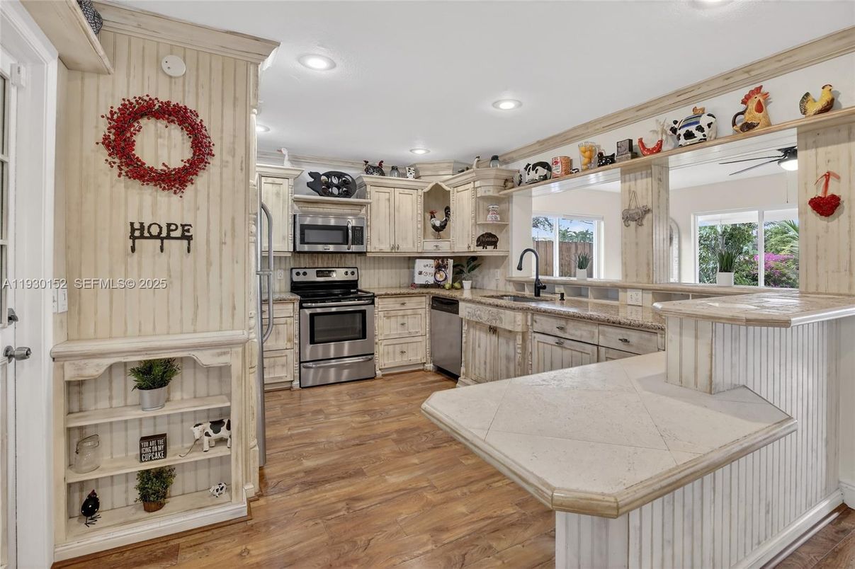 Interior, Kitchen, Recessed Lighting, Stainless Steel Appliances, Wood Texture Flooring