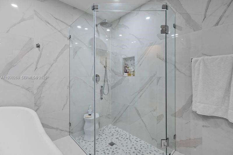 Bathroom, Glass Shower, Interior, Marble Walls, Recessed Lighting