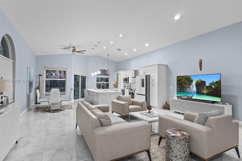 Dining room, Interior, Kitchen, Living room, Marble, Pendant Lights, Recessed Lighting, Stainless Steel Appliances