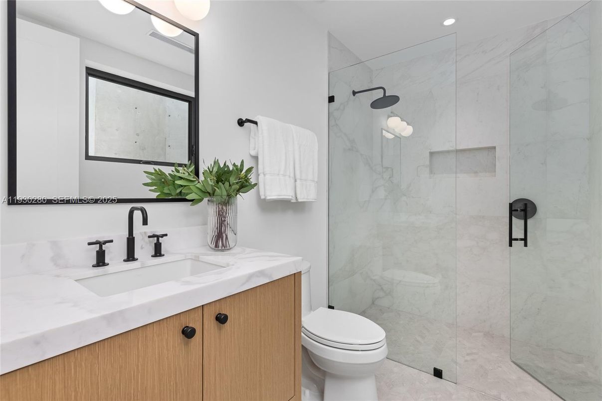 Bathroom, Glass Shower, Interior, Marble Walls, Recessed Lighting
