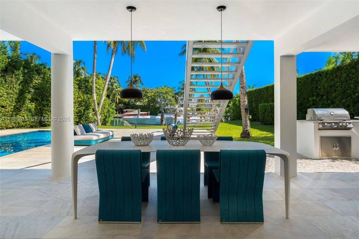 Exterior, Outdoor Kitchen, Pendant Lights, Pool