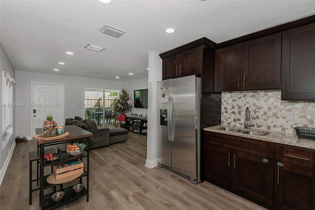 Interior, Kitchen, Living room, Recessed Lighting, Stainless Steel Appliances, Wood Texture Flooring