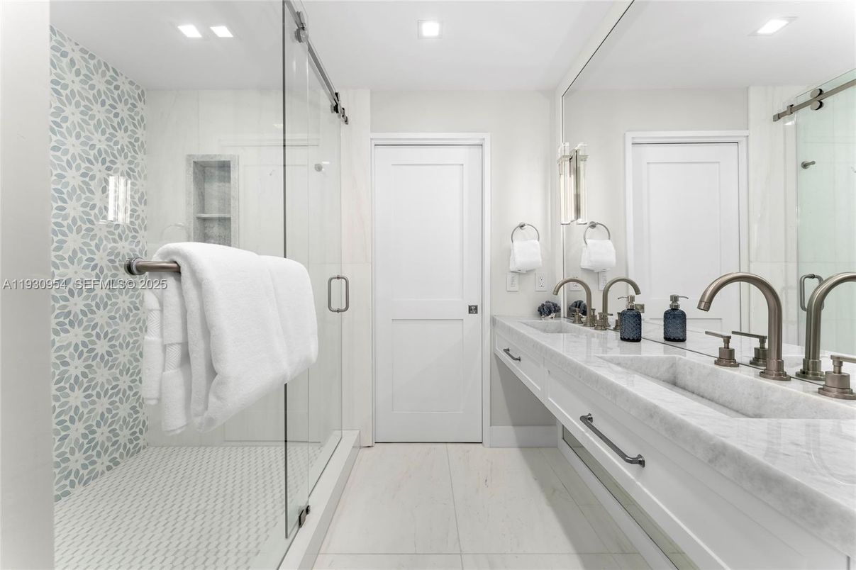 Bathroom, Dual Sink Vanities, Glass Shower, Interior, Marble, Recessed Lighting