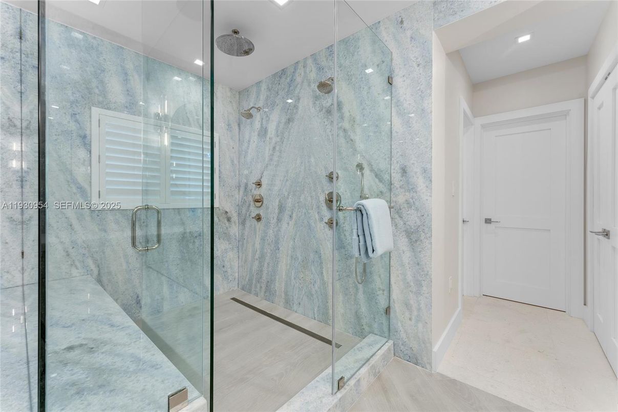Bathroom, Glass Shower, Interior, Marble Walls, Recessed Lighting