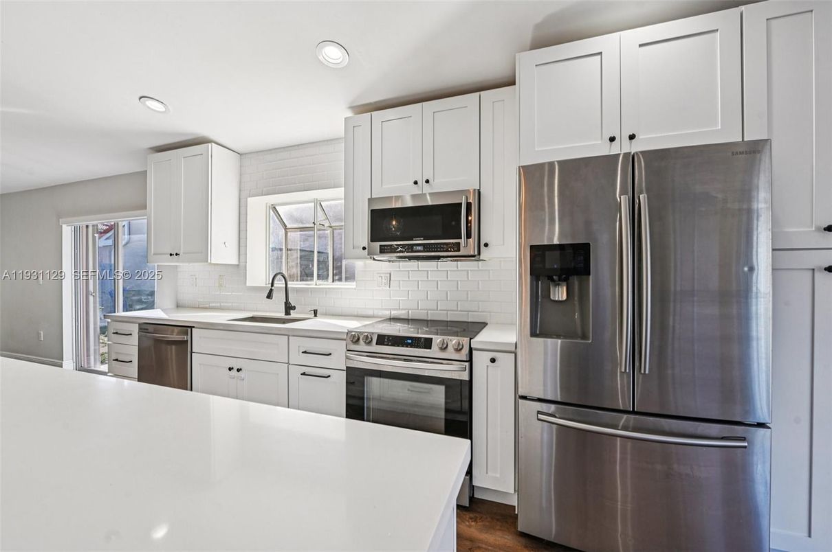 Interior, Kitchen, Recessed Lighting, Stainless Steel Appliances, Wood Texture Flooring