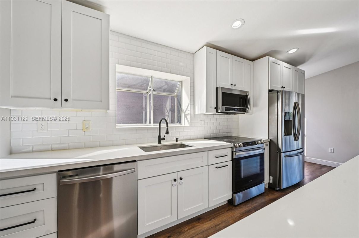 Interior, Kitchen, Recessed Lighting, Stainless Steel Appliances, Wood Texture Flooring