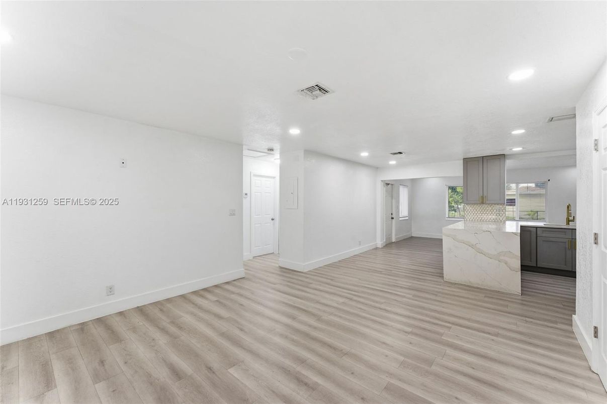 Empty room, Interior, Kitchen, Recessed Lighting, Wood Texture Flooring