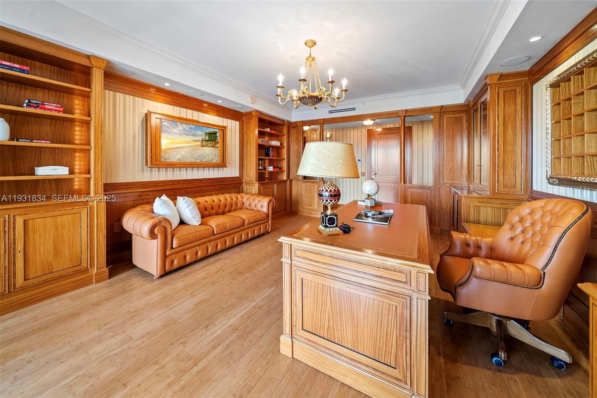 Chandelier, Home Office, Interior, Recessed Lighting, Wood Texture Flooring, Wooden Walls