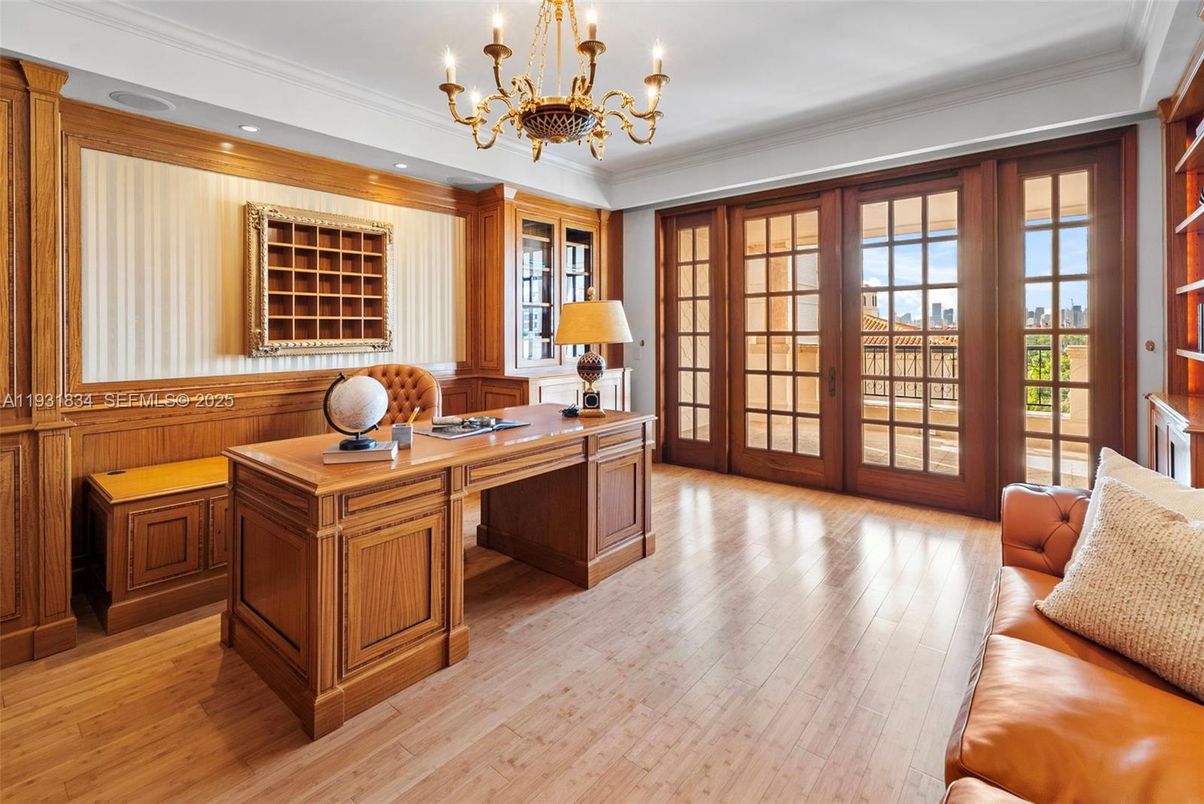 Chandelier, Home Office, Interior, Recessed Lighting, Wood Texture Flooring