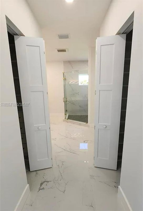 Bathroom, Glass Shower, Interior, Marble, Marble Walls, Recessed Lighting