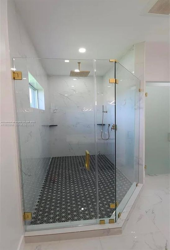 Bathroom, Glass Shower, Interior, Marble, Marble Walls, Recessed Lighting