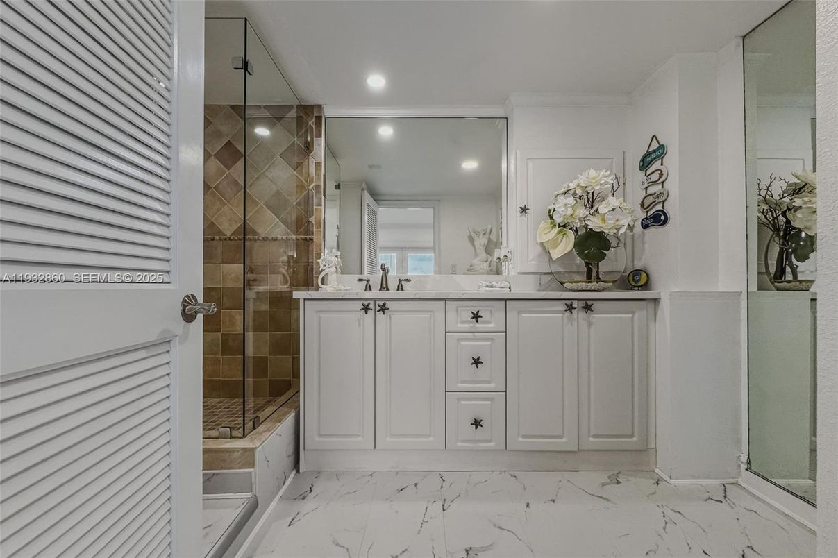 Bathroom, Glass Shower, Interior, Marble, Recessed Lighting