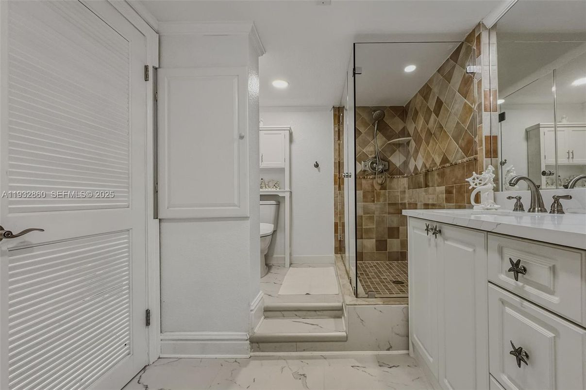 Bathroom, Glass Shower, Interior, Marble, Recessed Lighting