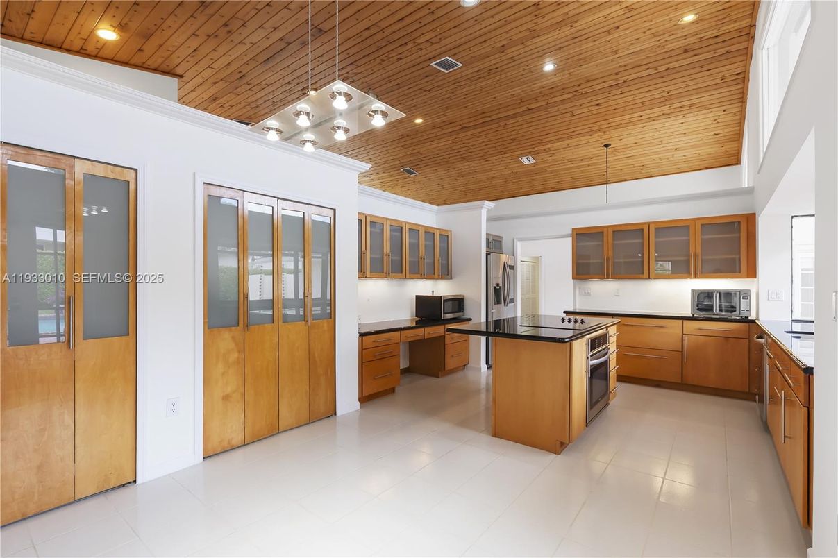 Interior, Kitchen, Pendant Lights, Recessed Lighting, Stainless Steel Appliances, Wooden Ceilings