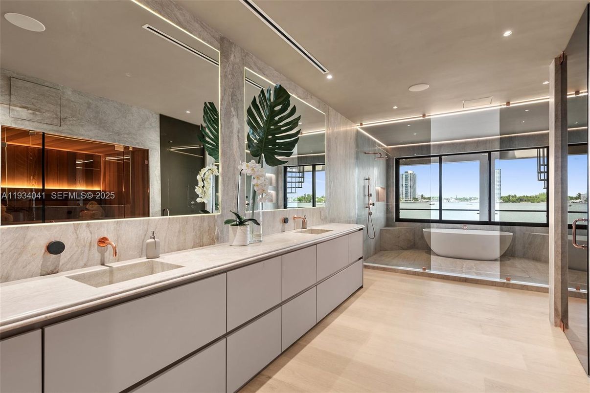 Bathroom, Dual Sink Vanities, Free Standing Baths, Glass Shower, Interior, Recessed Lighting, Water, Wood Texture Flooring