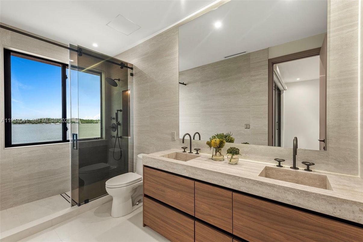 Bathroom, Dual Sink Vanities, Glass Shower, Interior, Recessed Lighting, Water