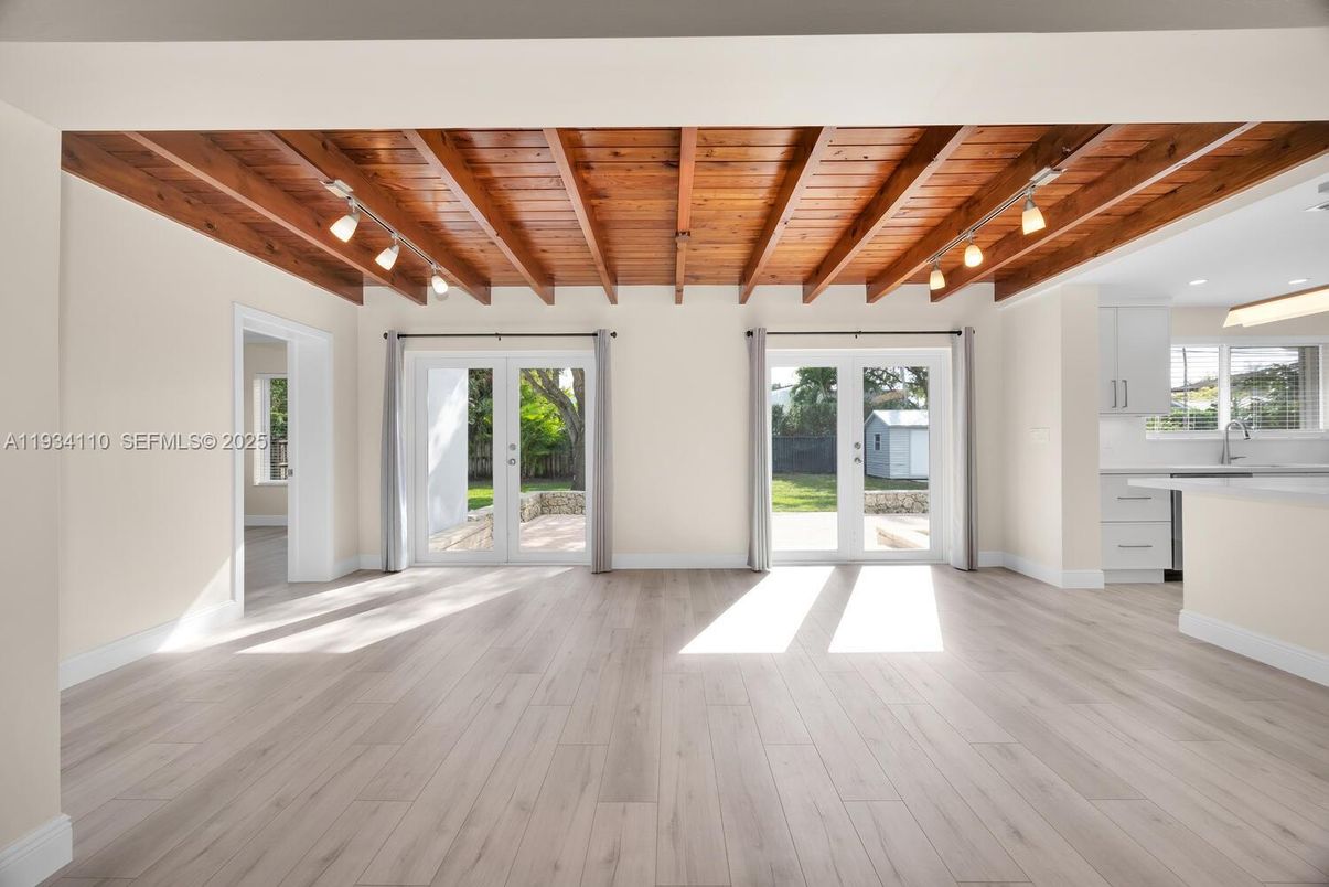 Empty room, Interior, Kitchen, Recessed Lighting, Wooden Beams, Wooden Ceilings, Wood Texture Flooring