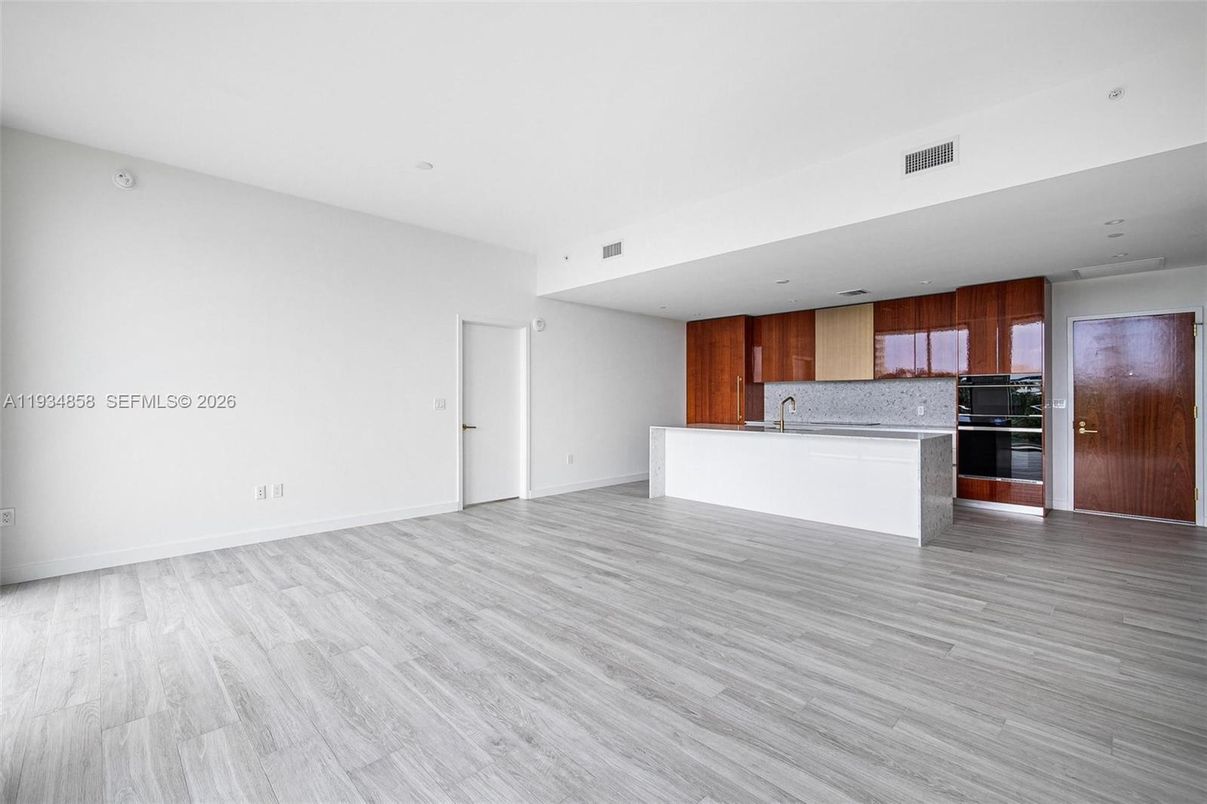 Empty room, Interior, Kitchen, Recessed Lighting, Wood Texture Flooring