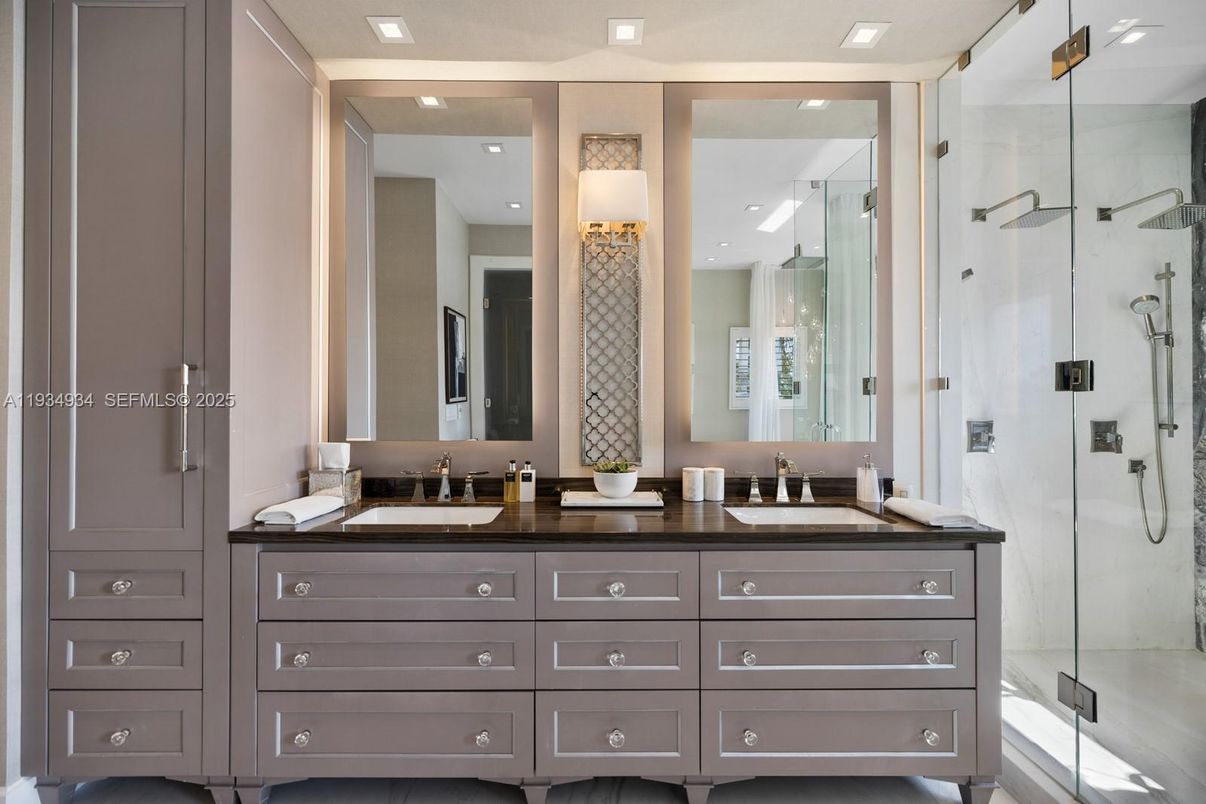 Bathroom, Dual Sink Vanities, Glass Shower, Interior, Recessed Lighting