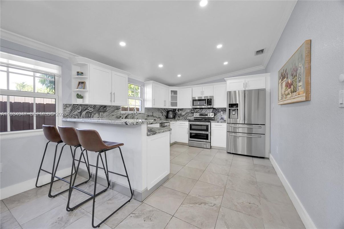 Interior, Kitchen, Marble, Recessed Lighting, Stainless Steel Appliances
