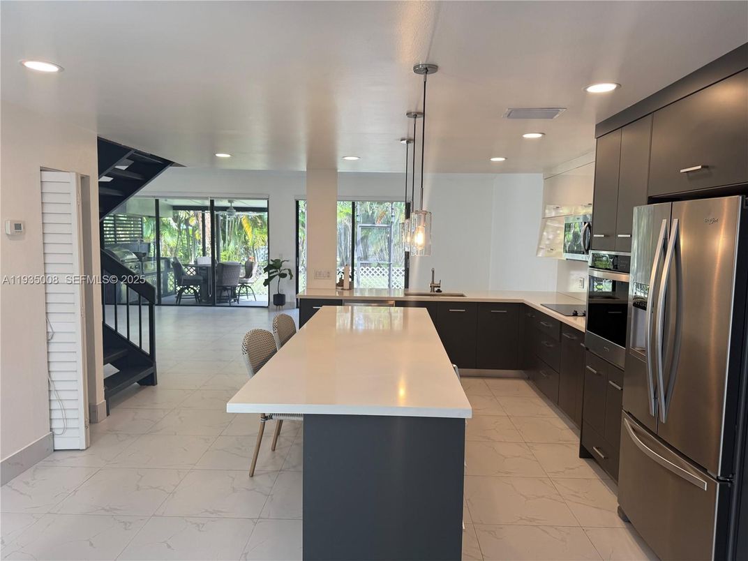 Interior, Kitchen, Marble, Pendant Lights, Recessed Lighting, Stainless Steel Appliances