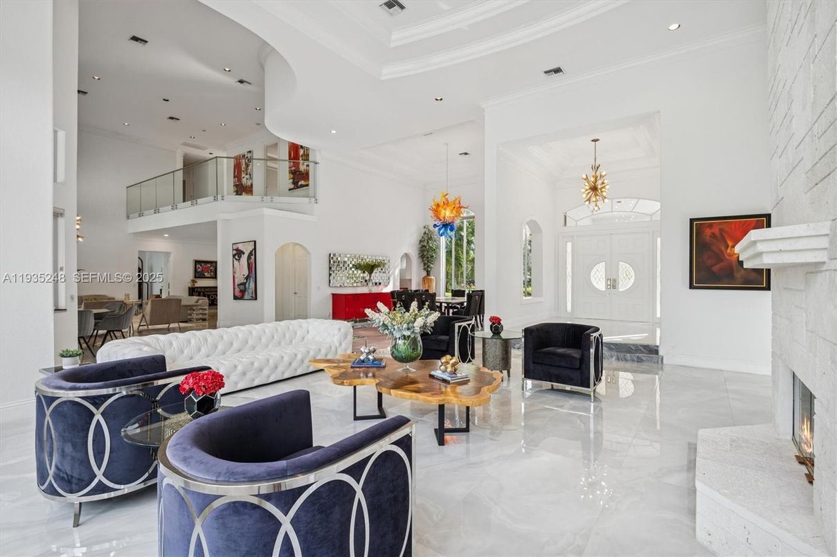 Fireplace, Interior, Living room, Marble, Pendant Lights, Recessed Lighting