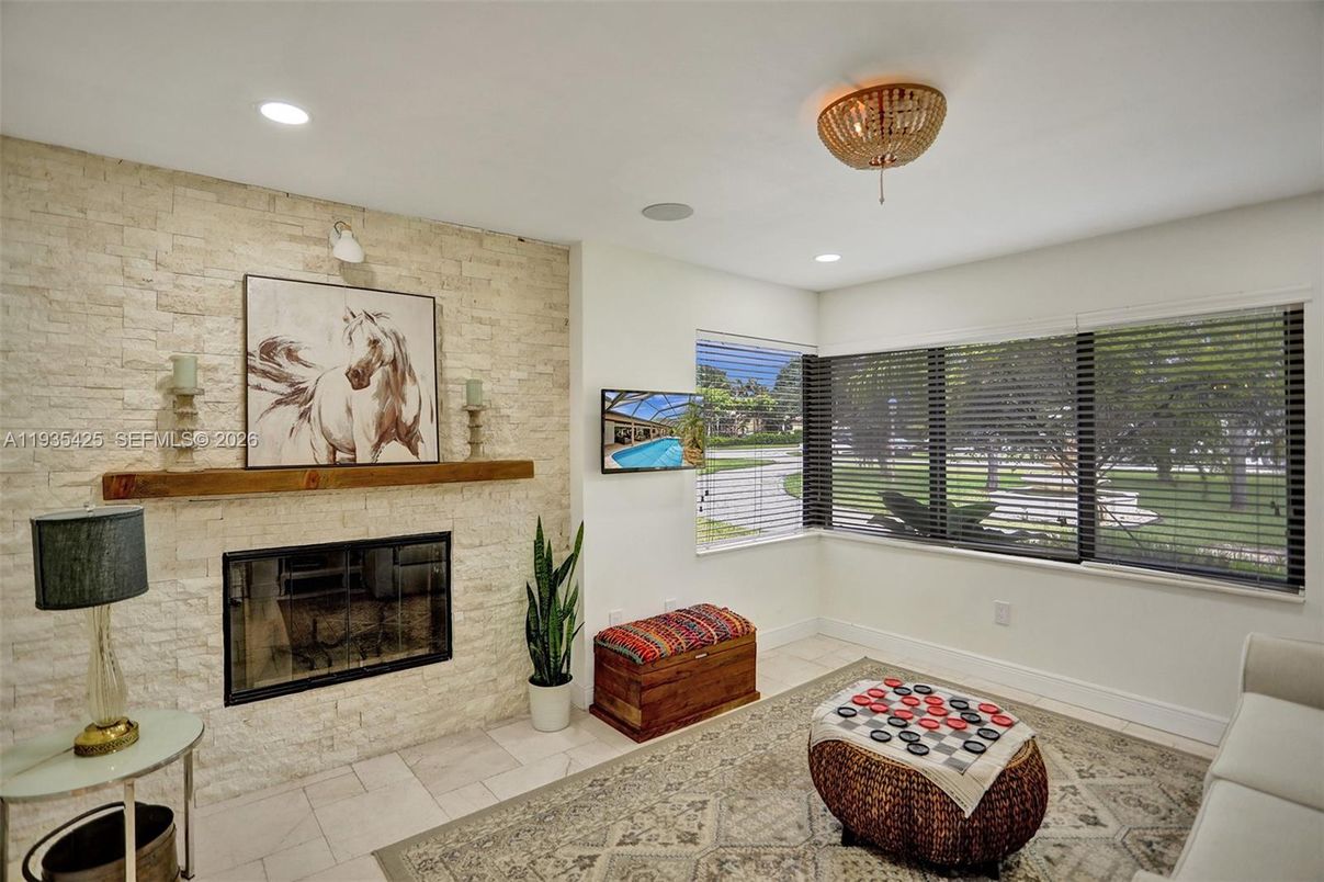 Fireplace, Interior, Recessed Lighting, Stone Walls