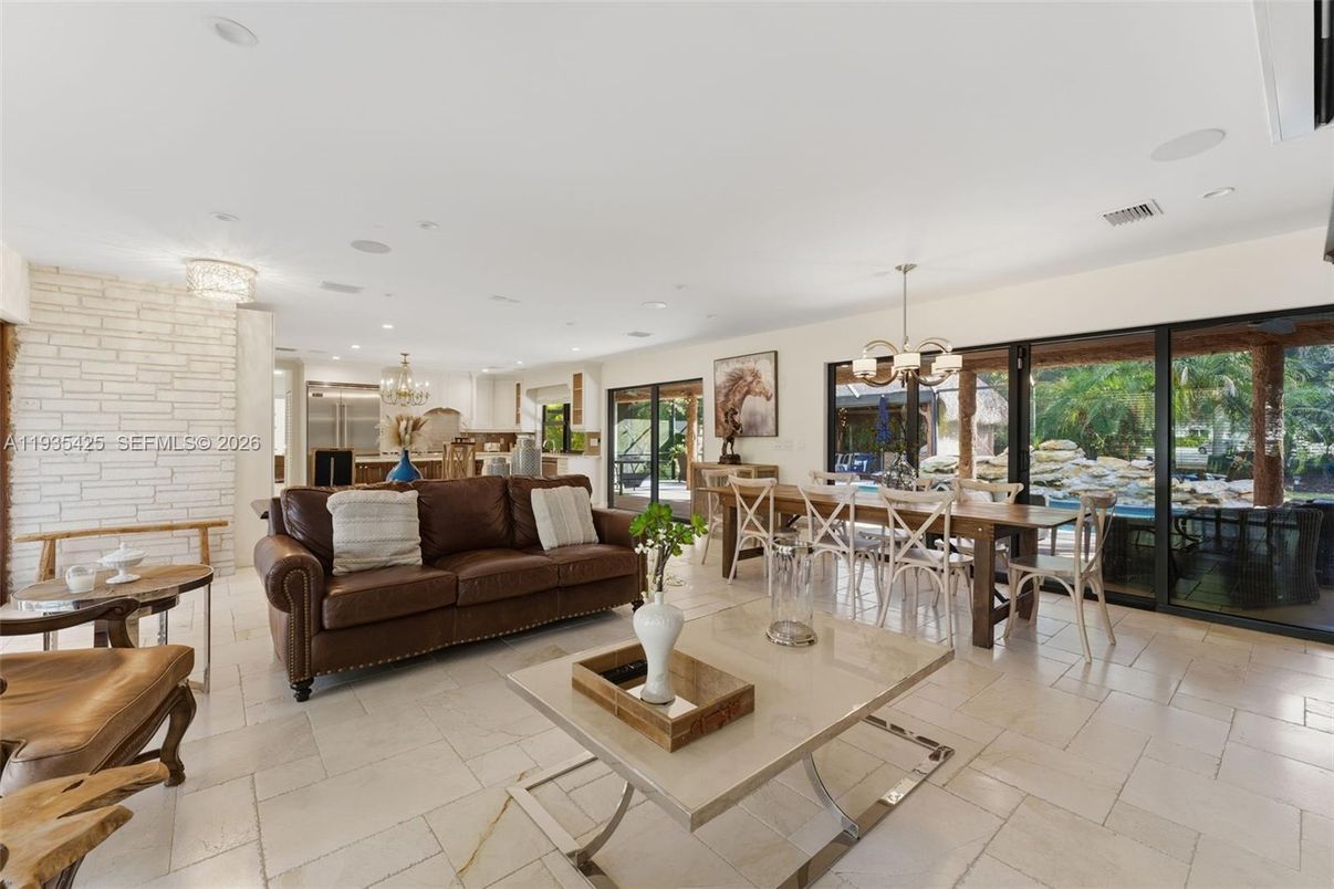 Chandelier, Dining room, Interior, Living room, Recessed Lighting, Stone Walls