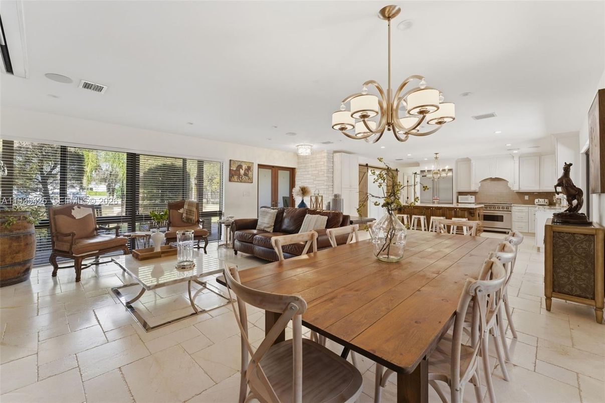 Chandelier, Dining room, Interior, Kitchen, Living room, Recessed Lighting, Stainless Steel Appliances