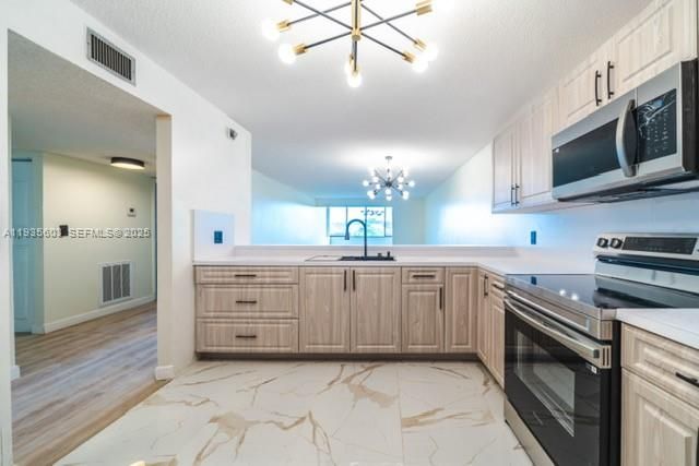Interior, Kitchen, Marble, Pendant Lights, Stainless Steel Appliances
