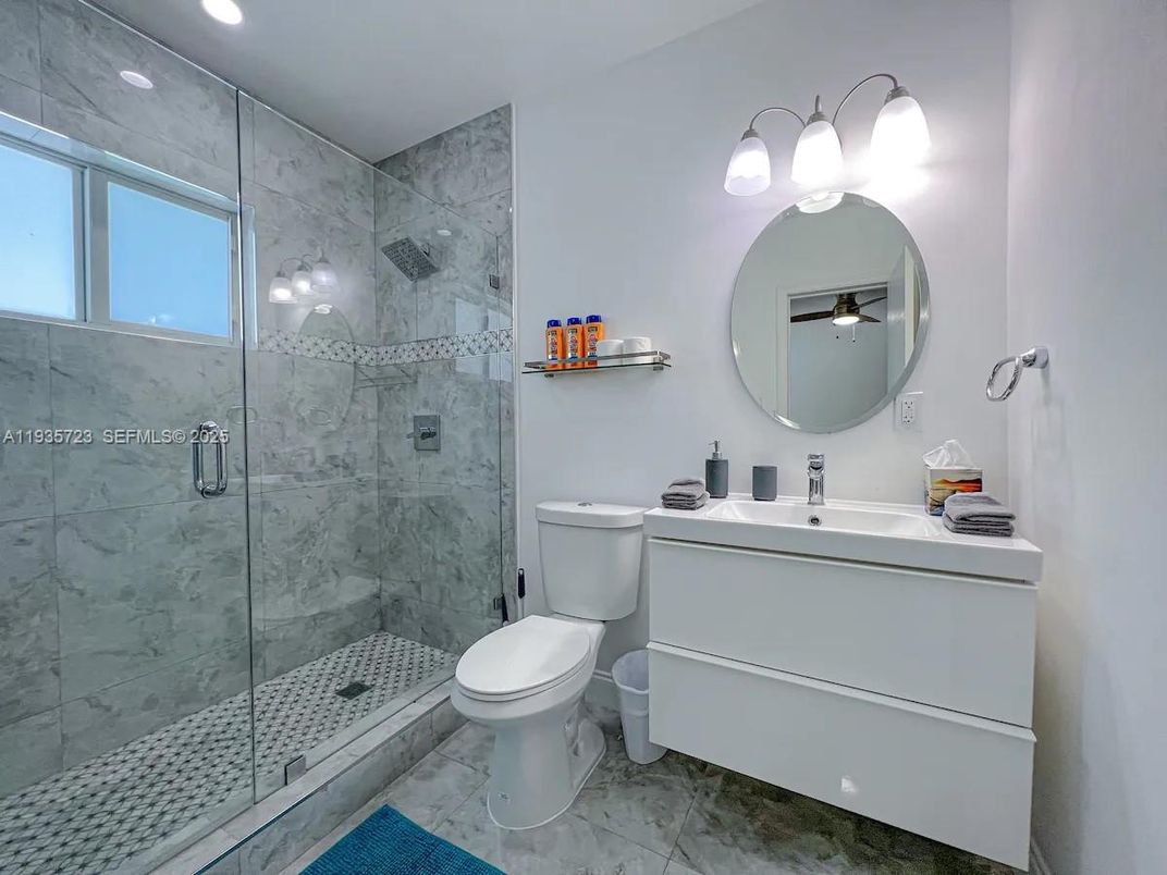 Bathroom, Glass Shower, Interior, Marble Walls, Recessed Lighting