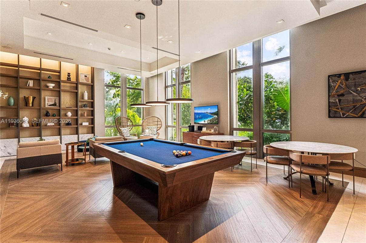 Billiard Table, Game Room, Interior, Pendant Lights, Recessed Lighting, Wood Texture Flooring