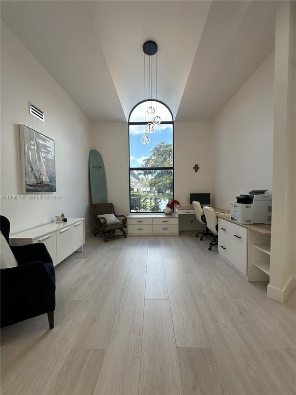 Home Office, Interior, Pendant Lights, Wood Texture Flooring