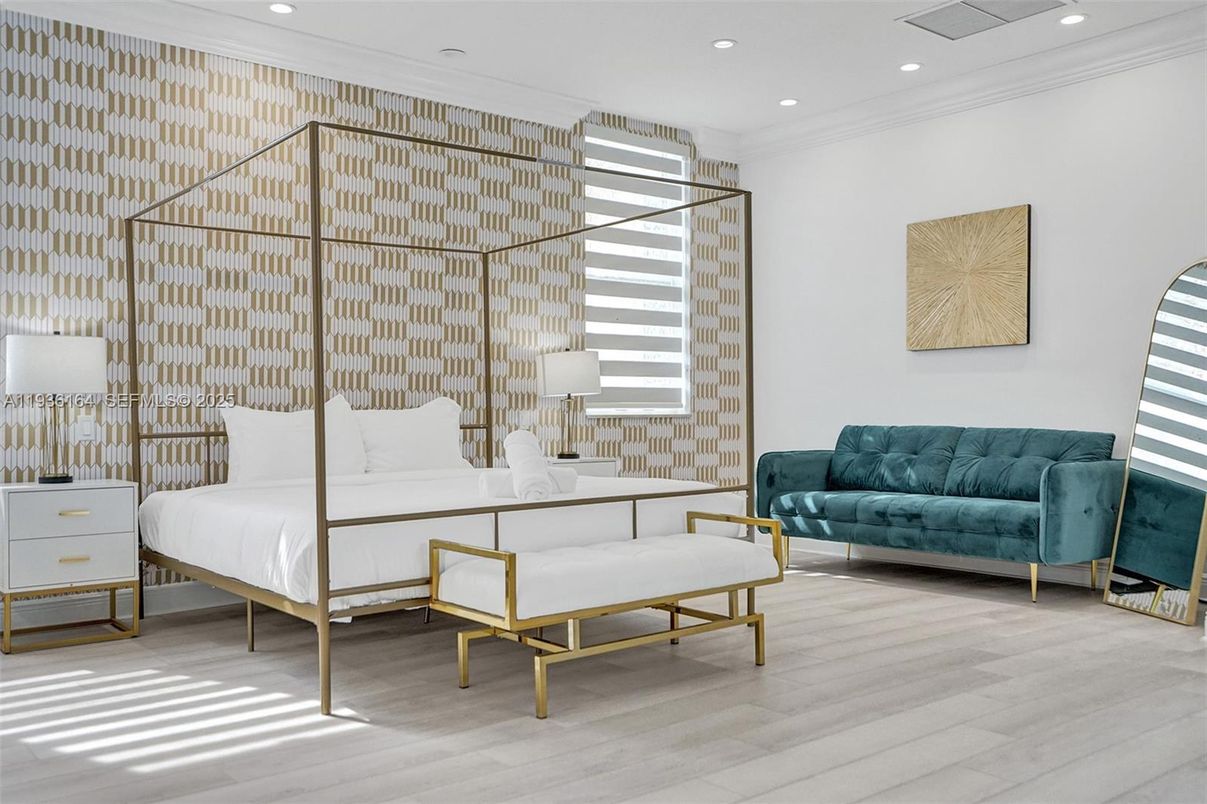 Bedroom, Interior, Recessed Lighting, Wood Texture Flooring