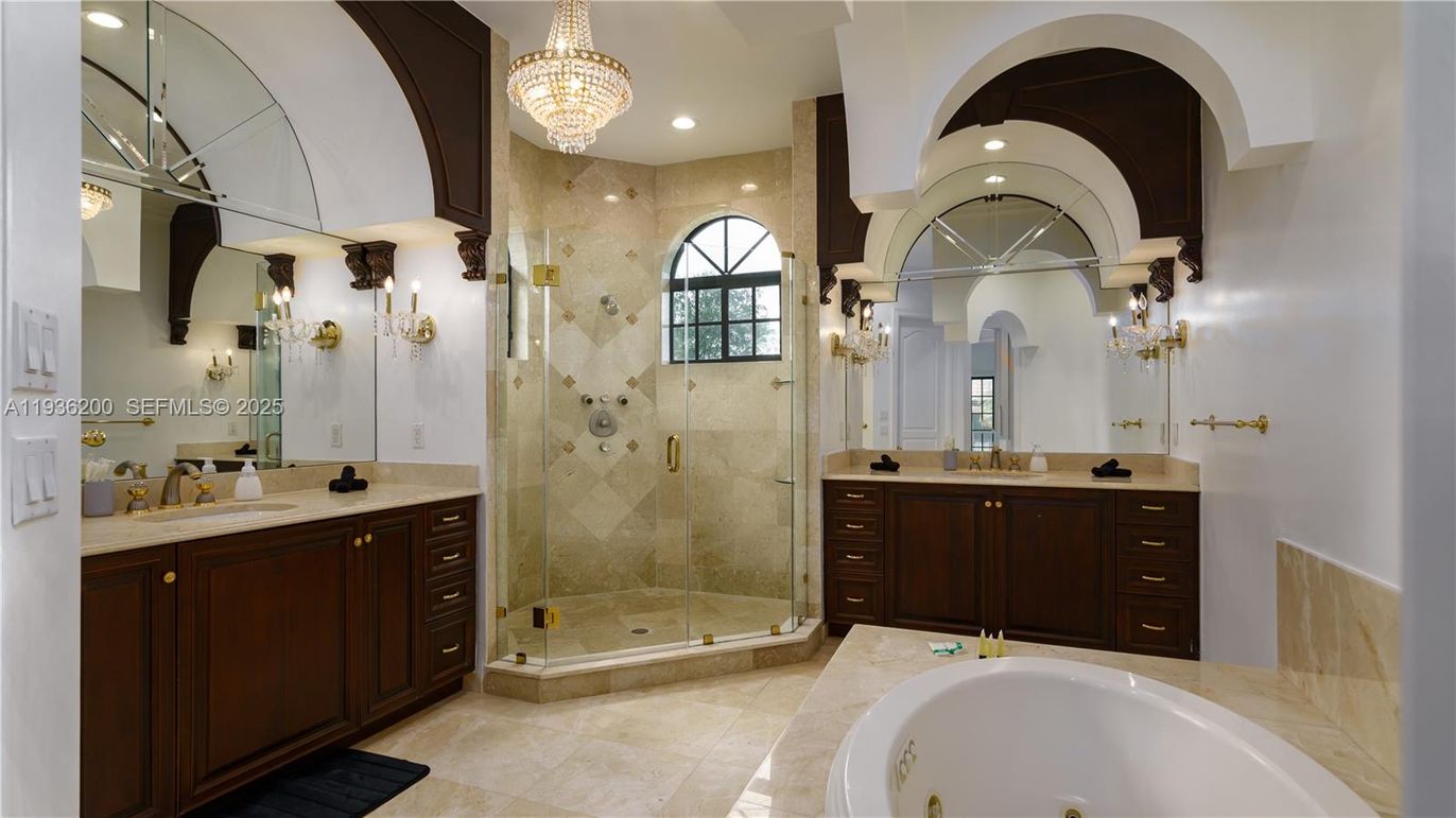 Bathroom, Chandelier, Dual Sink Vanities, Glass Shower, Interior, Recessed Lighting
