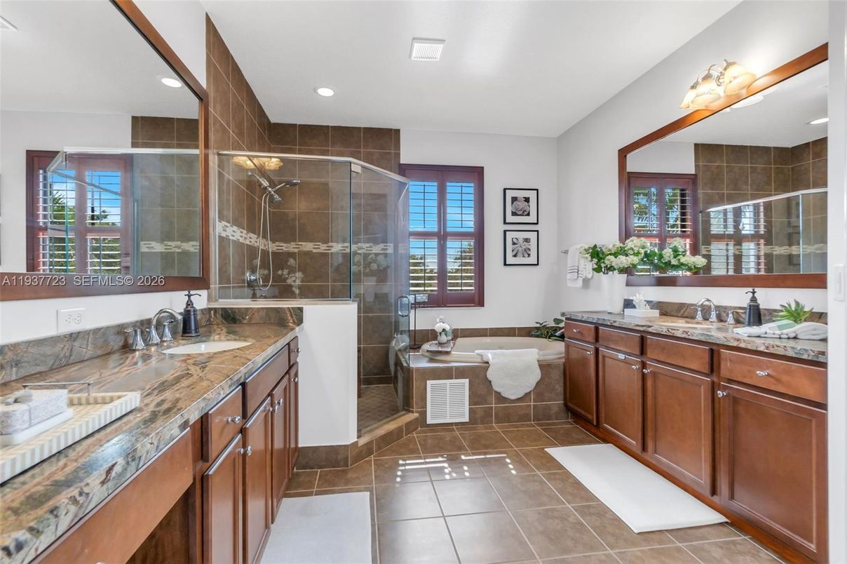 Bathroom, Dual Sink Vanities, Glass Shower, Interior, Recessed Lighting