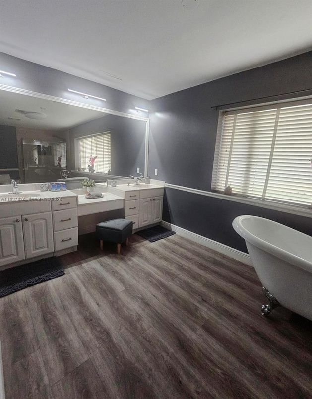 Bathroom, Dual Sink Vanities, Free Standing Baths, Interior, Wood Texture Flooring