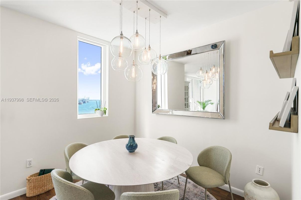 Dining room, Interior, Pendant Lights, Water, Wood Texture Flooring