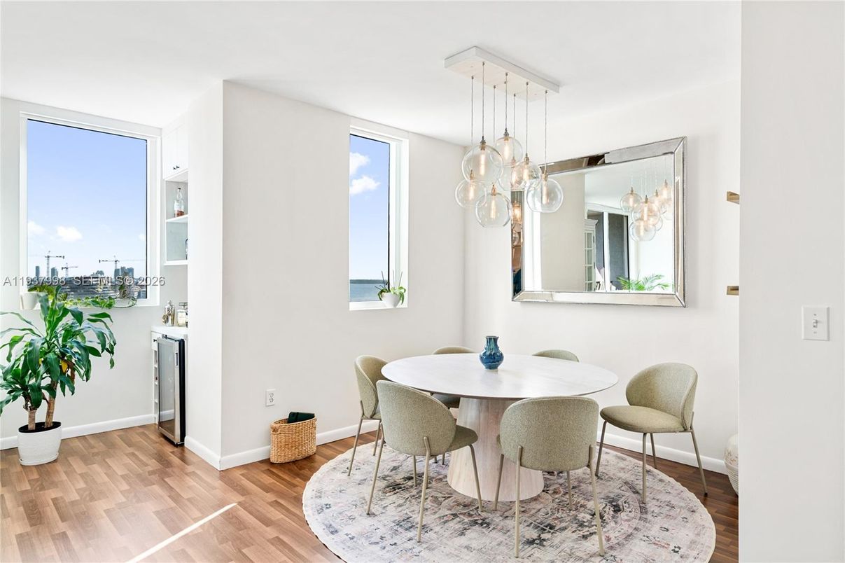 Dining room, Interior, Pendant Lights, Wood Texture Flooring