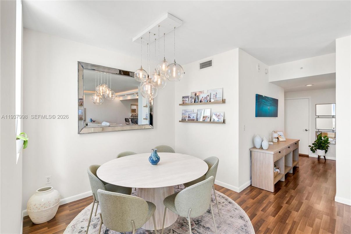 Dining room, Interior, Pendant Lights, Recessed Lighting, Wood Texture Flooring