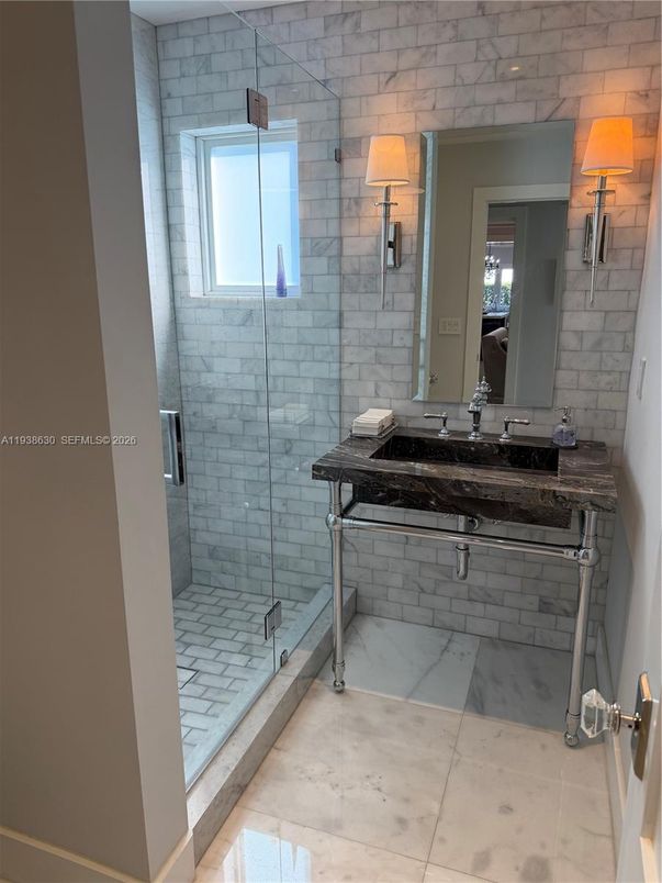 Bathroom, Glass Shower, Interior, Recessed Lighting, Stone Walls