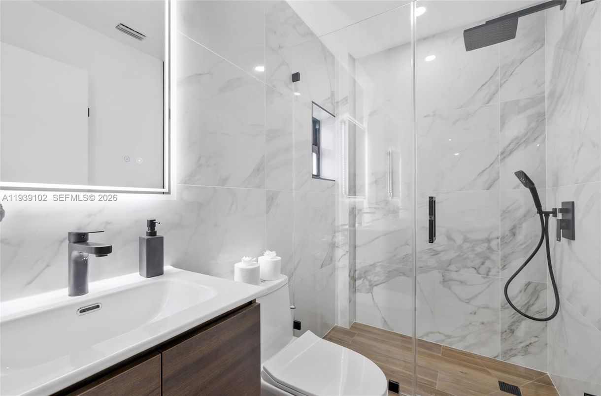 Bathroom, Glass Shower, Interior, Marble Walls, Recessed Lighting