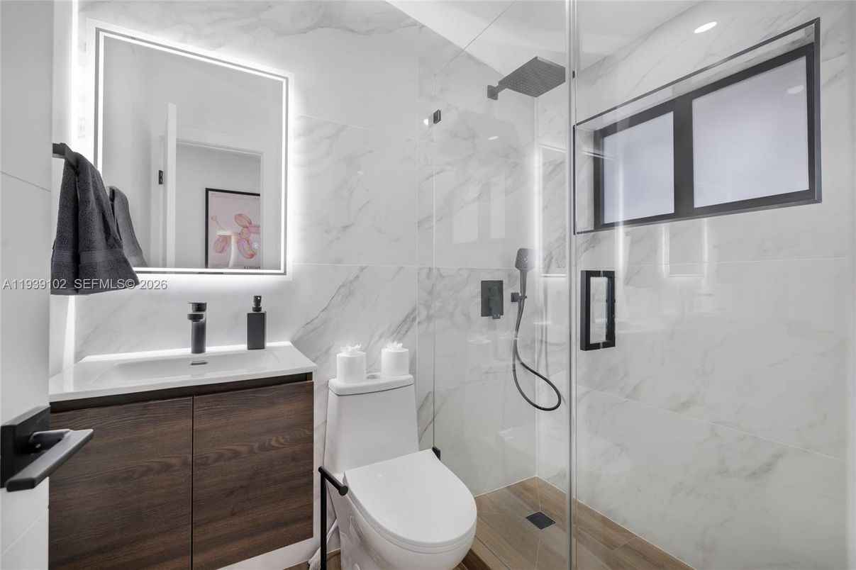 Bathroom, Glass Shower, Interior, Marble Walls, Recessed Lighting