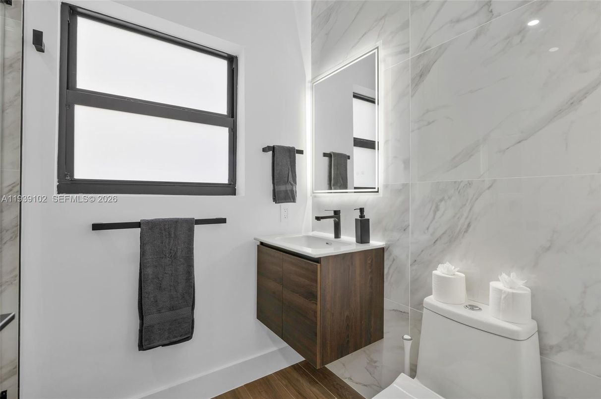 Bathroom, Interior, Marble, Marble Walls, Wood Texture Flooring