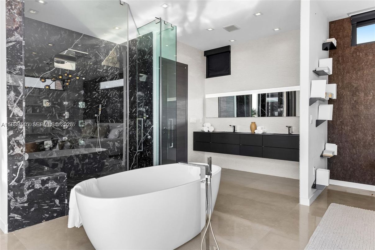 Bathroom, Free Standing Baths, Glass Shower, Interior, Marble Walls, Recessed Lighting